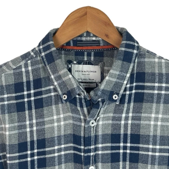 BF1214 Men’s Denim & Flower SLIM Fit Plaid Flannel Button Down Shirt L - Picture 3 of 5